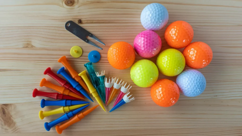 様々な色のゴルフボールとティー